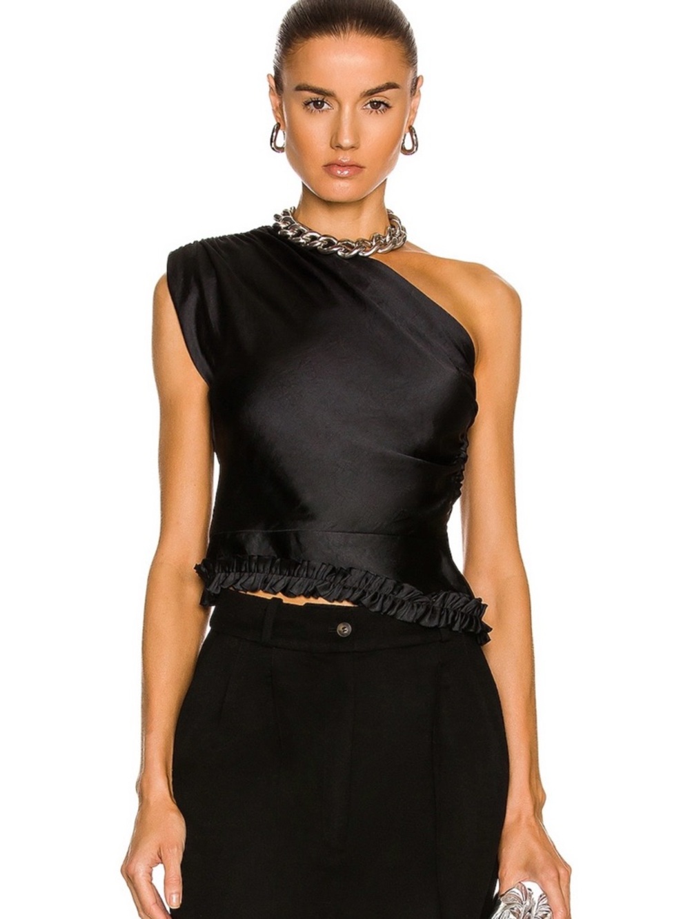 Smythe One-Shoulder Black Satin Crop Top with Ruffle Hem